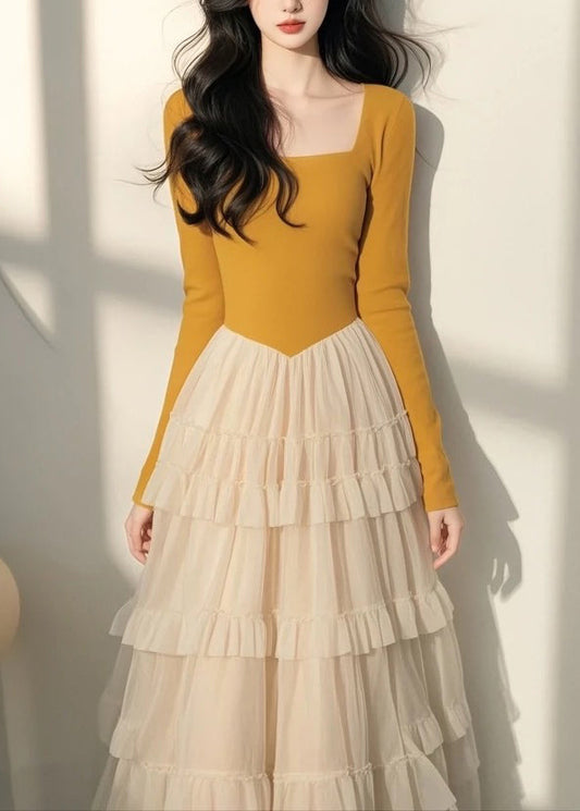 Frühling Italienische Lange Kleid Tüll Kragen Gelb Patchwork