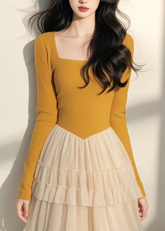 Frühling Italienische Lange Kleid Tüll Kragen Gelb Patchwork