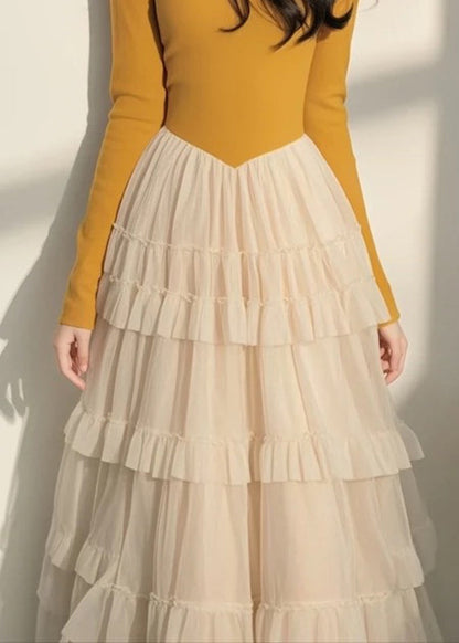 Frühling Italienische Lange Kleid Tüll Kragen Gelb Patchwork
