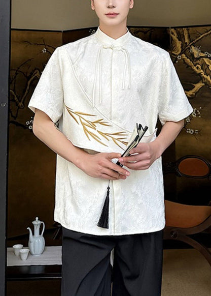 Apricot Embroideried Shirts Baumwolle Chinesischen Herren Jacquard