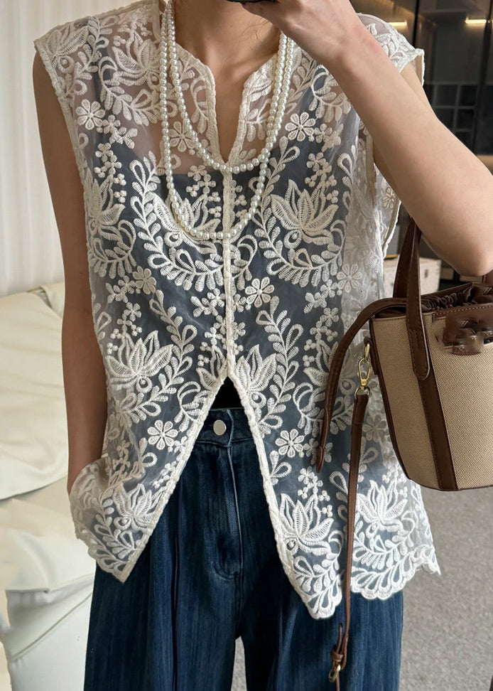 Ärmelloses Apricot-Jacquard-Oberteil mit Spitze und V-Ausschnitt