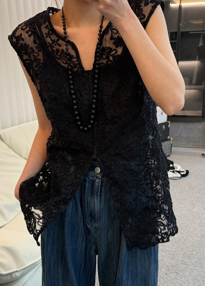 Ärmelloses Apricot-Jacquard-Oberteil mit Spitze und V-Ausschnitt