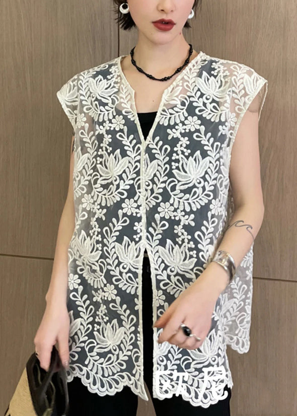 Ärmelloses Apricot-Jacquard-Oberteil mit Spitze und V-Ausschnitt