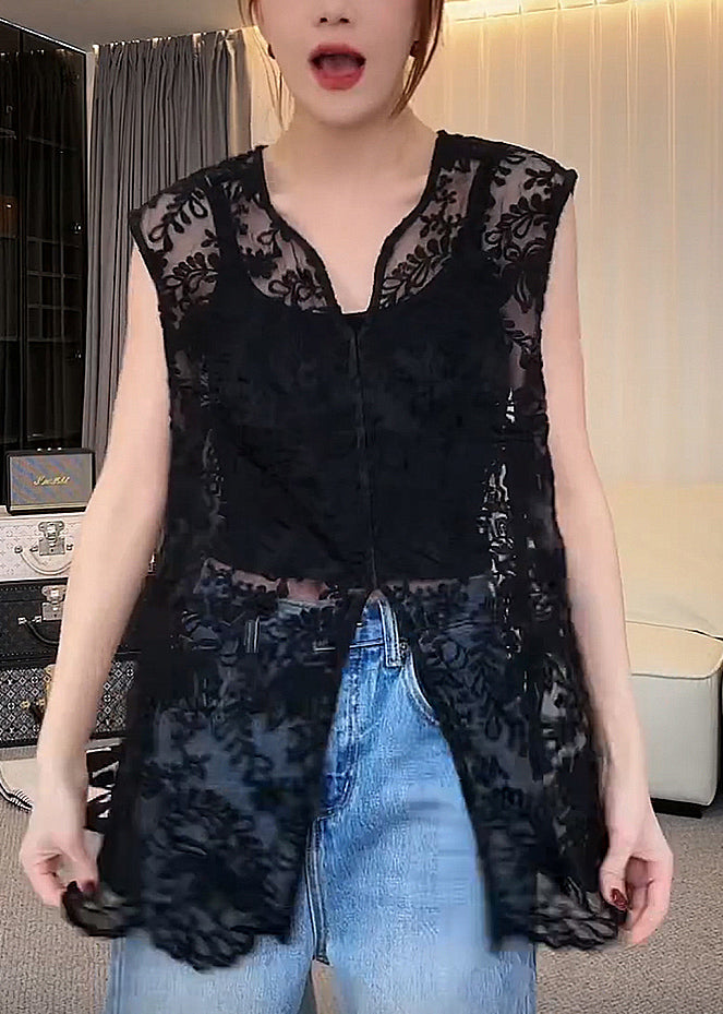 Ärmelloses Apricot-Jacquard-Oberteil mit Spitze und V-Ausschnitt