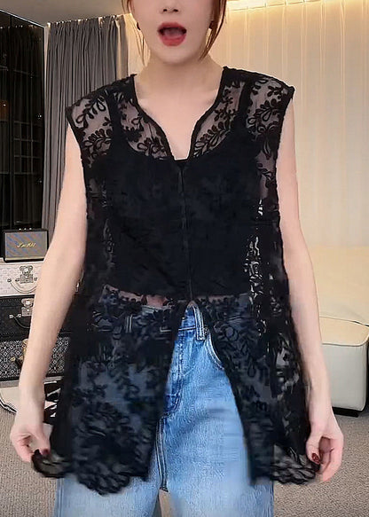 Ärmelloses Apricot-Jacquard-Oberteil mit Spitze und V-Ausschnitt