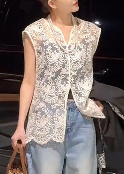 Ärmelloses Apricot-Jacquard-Oberteil mit Spitze und V-Ausschnitt