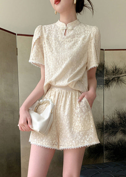 Ensemble chemise et short en mousseline de soie à col montant beige jacquard et dentelle, deux pièces, été WW002