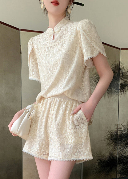 Ensemble chemise et short en mousseline de soie à col montant beige jacquard et dentelle, deux pièces, été WW002