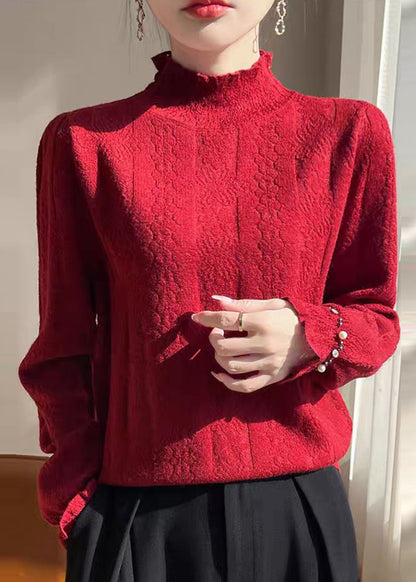 Haut tricoté en coton uni et confortable à col roulé beige jacquard pour l'hiver TE036