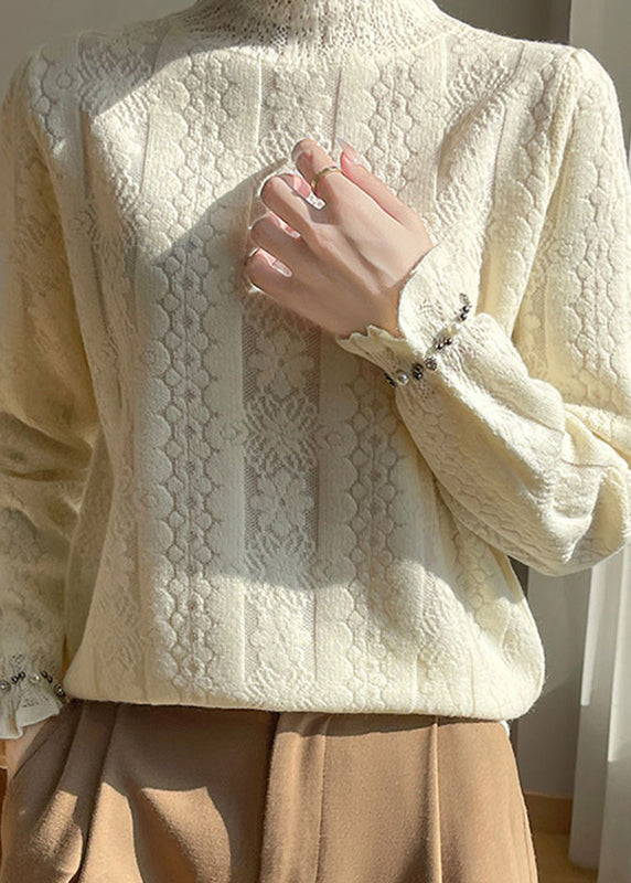 Haut tricoté en coton uni et confortable à col roulé beige jacquard pour l'hiver TE036