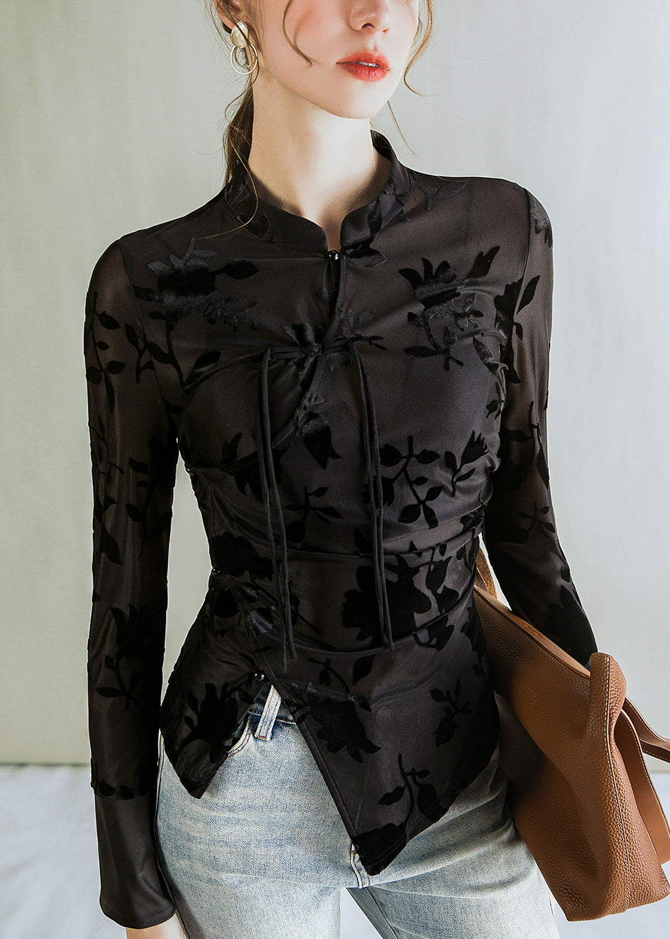 Jacquard Black Stand Collar Button Tulle Blouses  AL1045