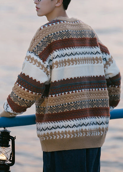 Pull en tricot confortable à col rond en jacquard marron pour homme Automne QH019