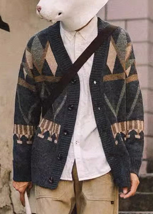 Manteau jacquard en tricot gris foncé à col en V pour homme, boutonné