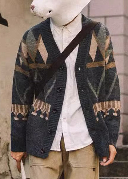 Manteau jacquard en tricot gris foncé à col en V pour homme, boutonné