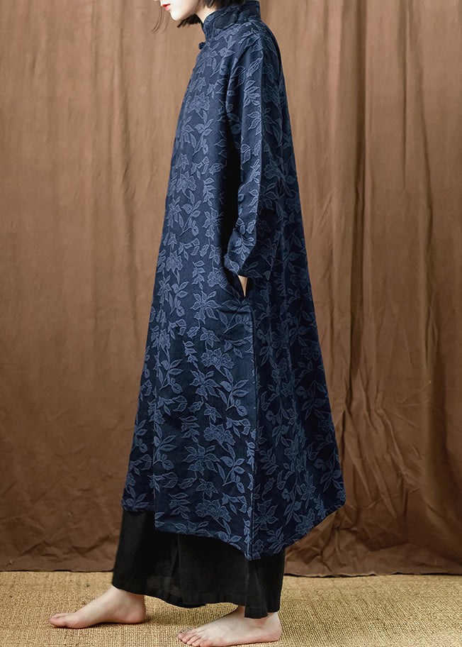 Jacquard Marineblaues Baumwollkleid mit Knopftaschen und langen Ärmeln MN035