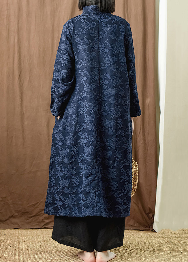 Jacquard Marineblaues Baumwollkleid mit Knopftaschen und langen Ärmeln MN035