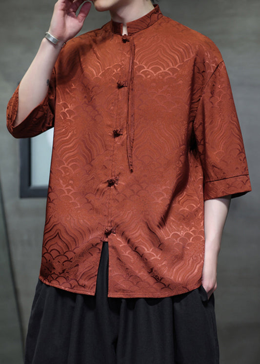 Jacquard Orange Stand Collar Chinese Button Ice Silk Men Shirts Summer YT068