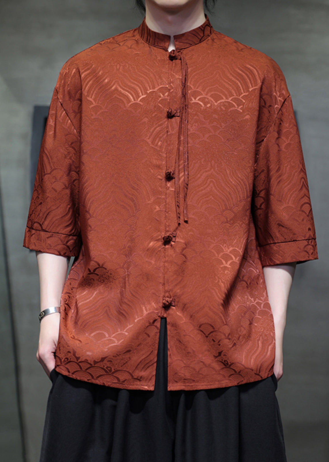 Jacquard Orange Stand Collar Chinese Button Ice Silk Men Shirts Summer YT068