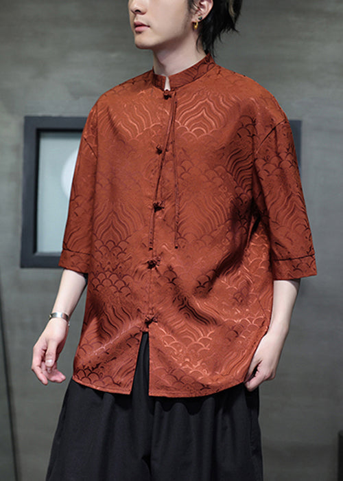 Jacquard Orange Stand Collar Chinese Button Ice Silk Men Shirts Summer YT068