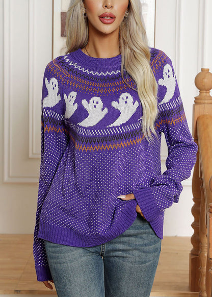 Jacquard Lila Punkte Patchwork Strickpullover Herbst AE1019