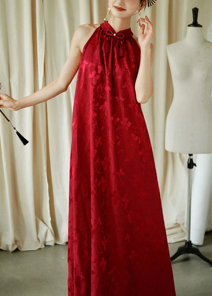 Ärmelloses Maxikleid aus rotem Jacquard mit Schleife