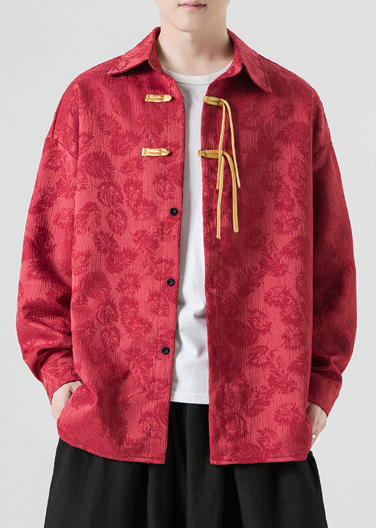 Jacquard Red Peter Pan Collar Button Warm Fleece Shirt Men Winter WJ027