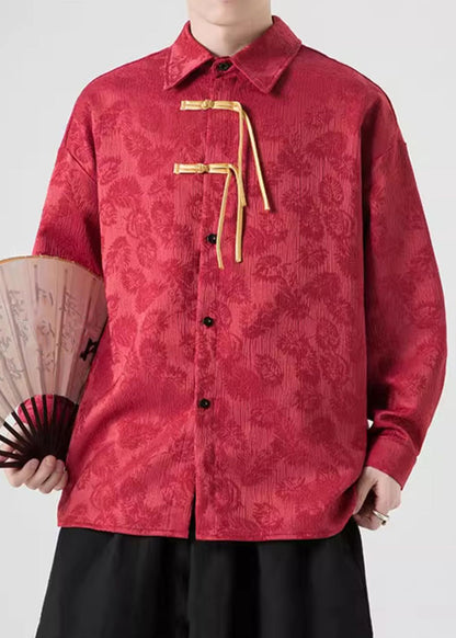 Chemise polaire chaude à boutons et col Peter Pan en jacquard rouge pour homme, hiver WJ027