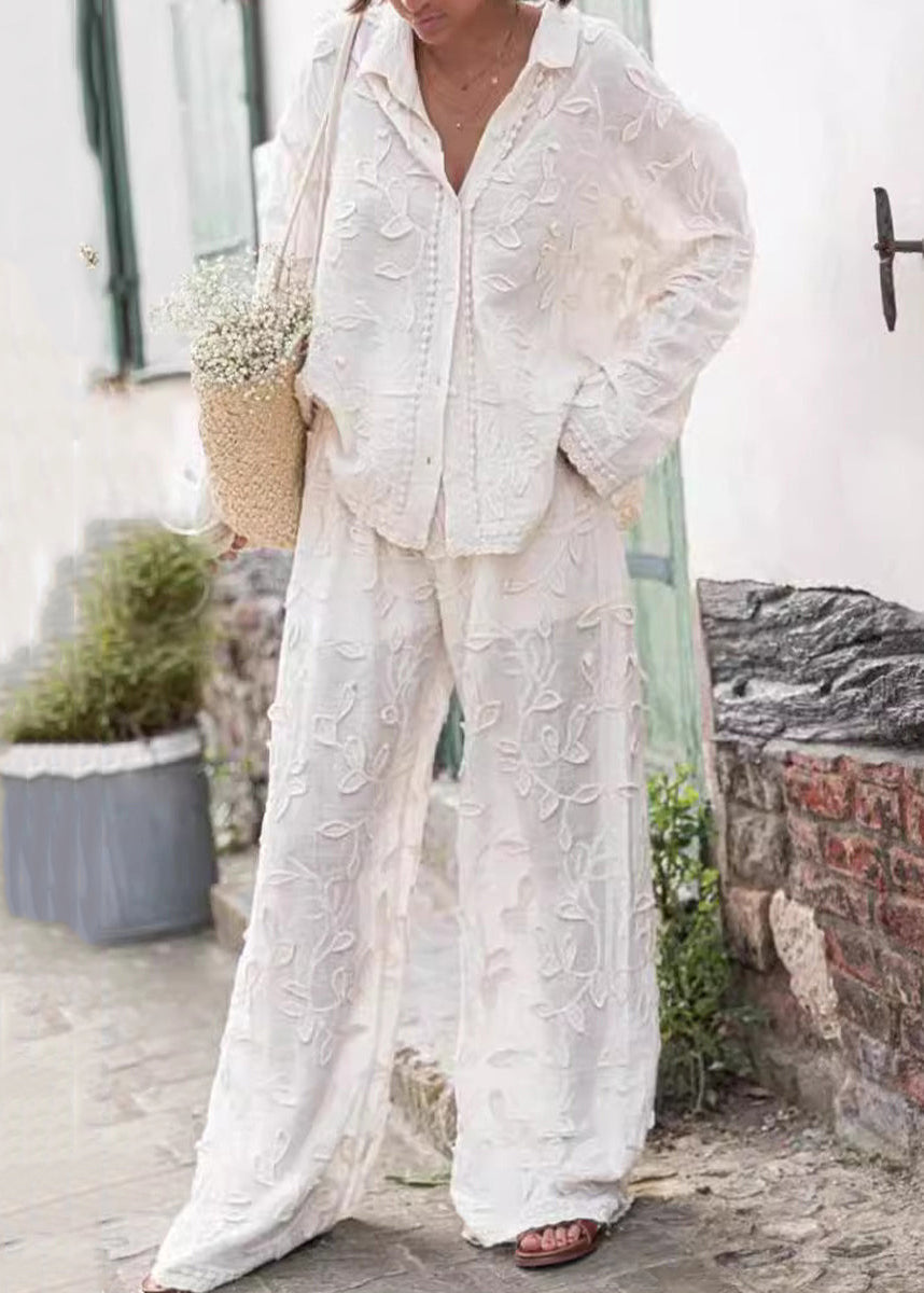 Jacquard White Button Cotton Shirts And Pants Sets 2 Pieces Long Sleeve BB070