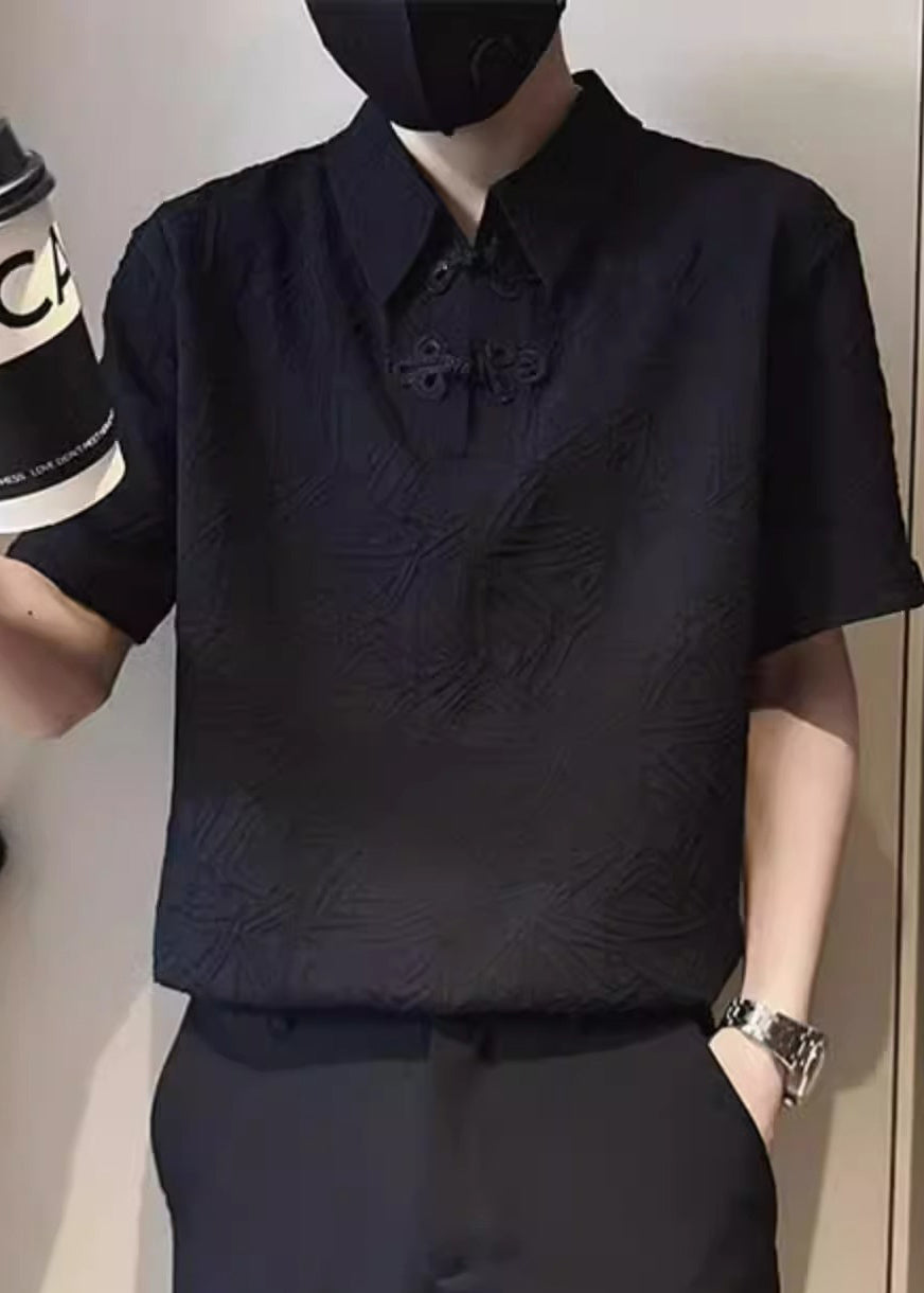 Polo Jacquard Solid Chinese Cotton Button Shirts Mens White