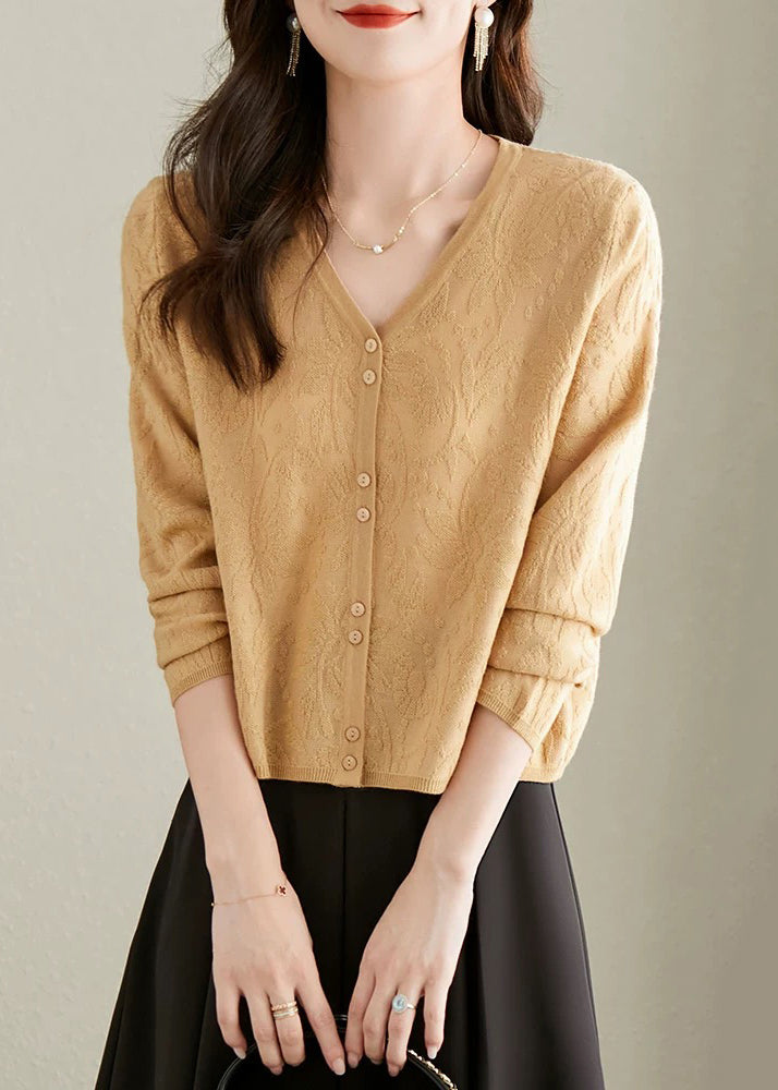 Jacquard Yellow V Neck Button Solid Knit Cardigan Fall QS006