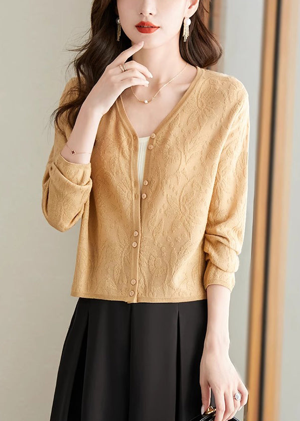 Jacquard Yellow V Neck Button Solid Knit Cardigan Fall QS006