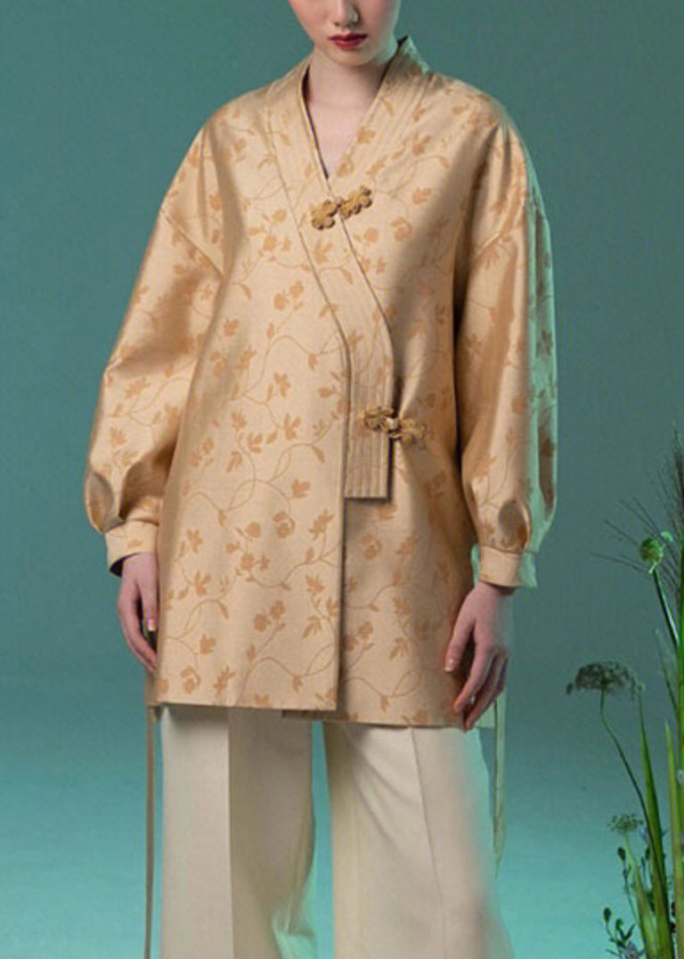 Jacquard Yellow V Neck Chinese Button Silk Coat Long Sleeve Ada Fashion