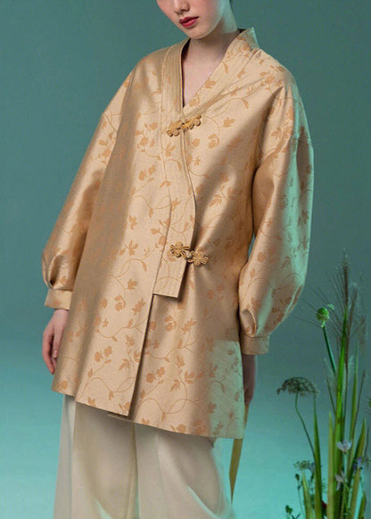 Jacquard Yellow V Neck Chinese Button Silk Coat Long Sleeve Ada Fashion