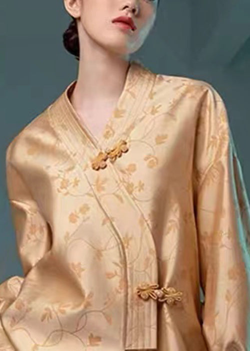 Jacquard Yellow V Neck Chinese Button Silk Coat Long Sleeve Ada Fashion