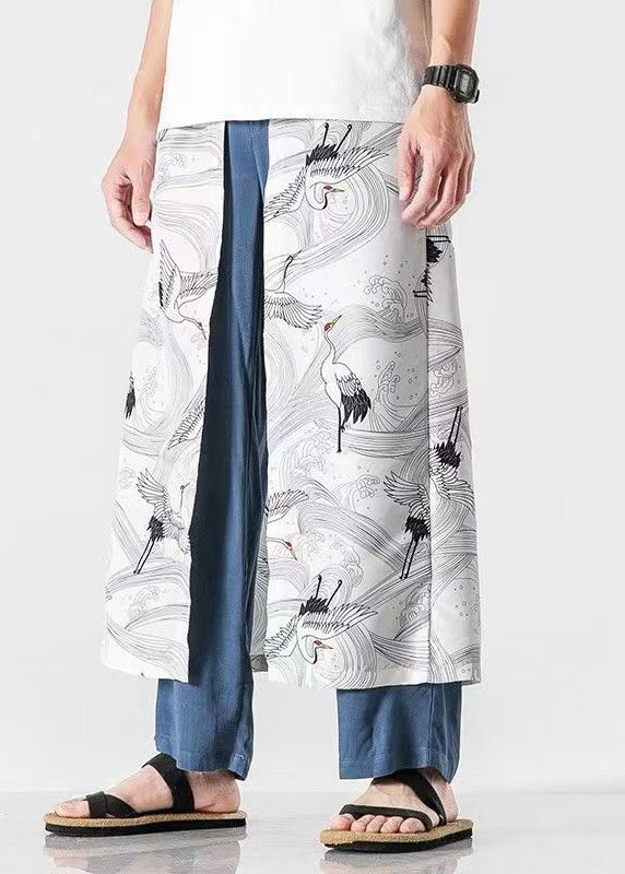 Japanese Casual Peacock Blue Oriental Print Cotton Men Pants Summer SA049