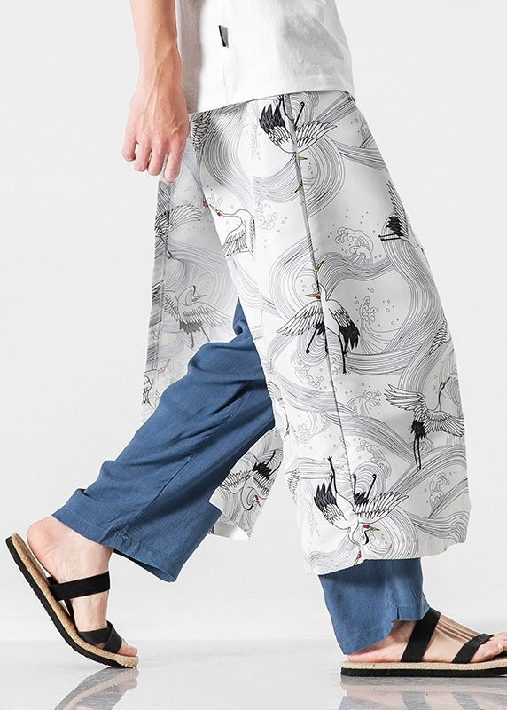 Japanese Casual Peacock Blue Oriental Print Cotton Men Pants Summer SA049