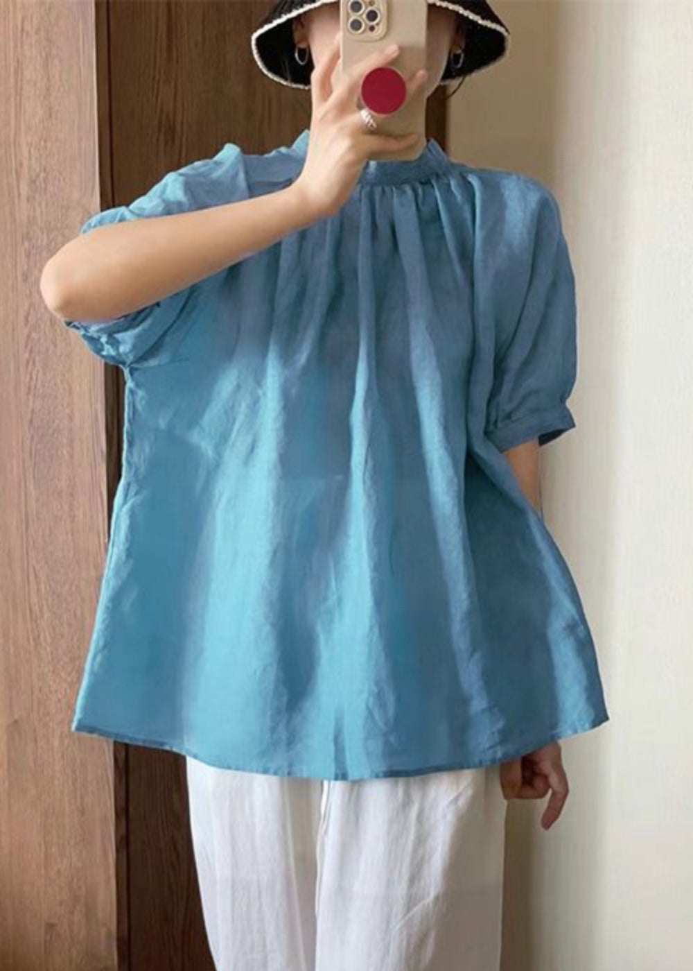 Japanese Style Blue O-Neck Puff Sleeve Cotton T Shirt QK025