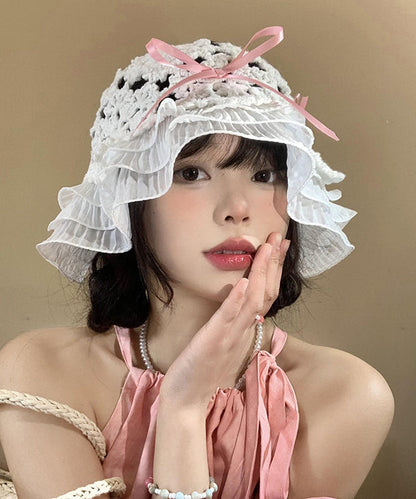 Chapeau bob à volants en tricot de style japonais avec nœud creux WI026