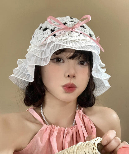 Chapeau bob à volants en tricot de style japonais avec nœud creux WI026