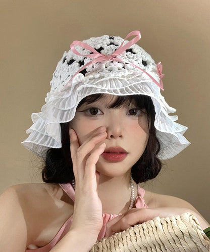 Chapeau bob à volants en tricot de style japonais avec nœud creux WI026