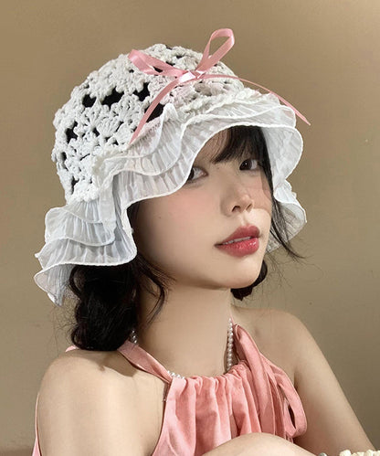 Chapeau bob à volants en tricot de style japonais avec nœud creux WI026