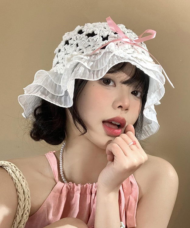 Japanese Style Knitted Hollow Out Bow Ruffled Bucket Hat WI026