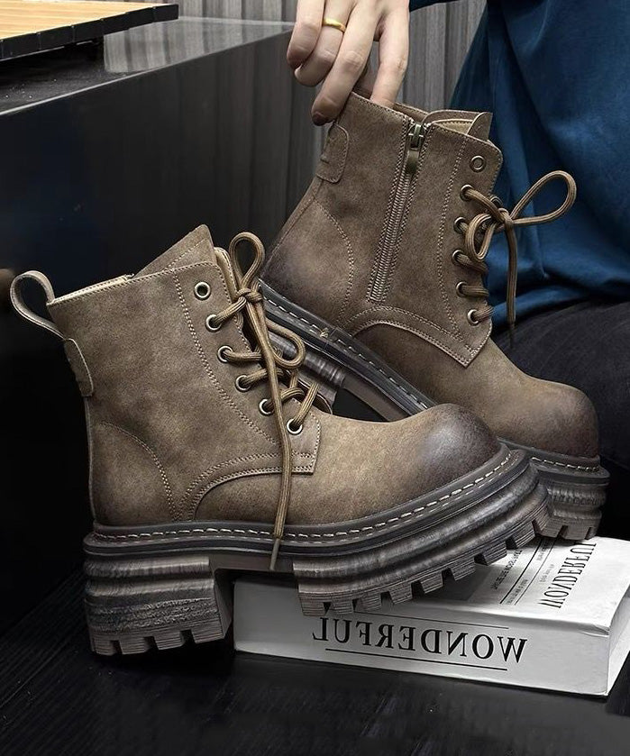 Khakifarbene, klobige Schnürstiefel aus Kunstleder mit Spleißen TE011