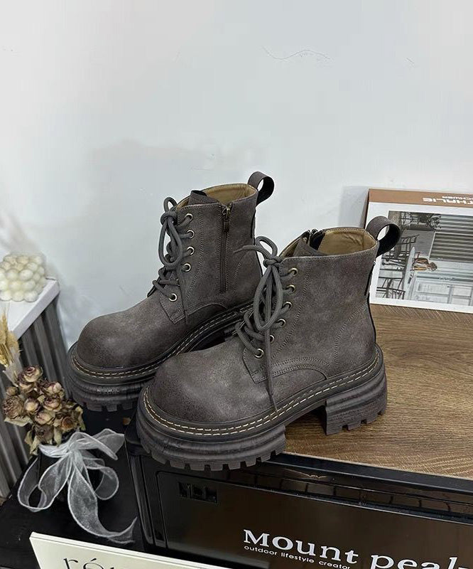 Khakifarbene, klobige Schnürstiefel aus Kunstleder mit Spleißen TE011