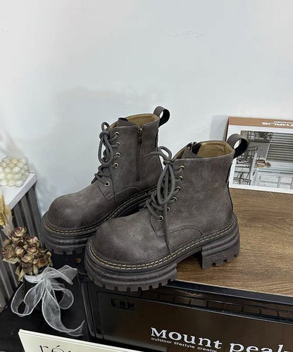 Khakifarbene, klobige Schnürstiefel aus Kunstleder mit Spleißen TE011