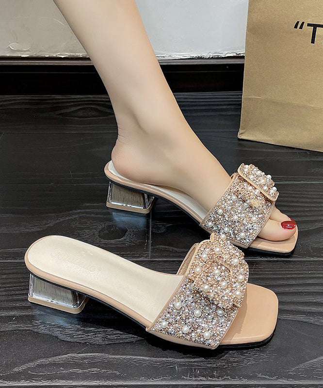 Khaki Chunky Heel Slide Sandals Boutique Zircon Nail Bead RT1022