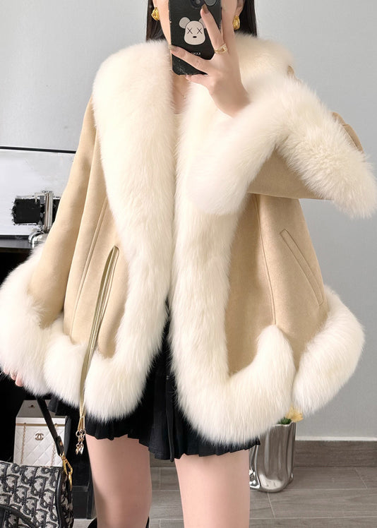 Khakifarbener Patchwork-Parka mit Schnürung und Fuchskragen, Winter, RC005