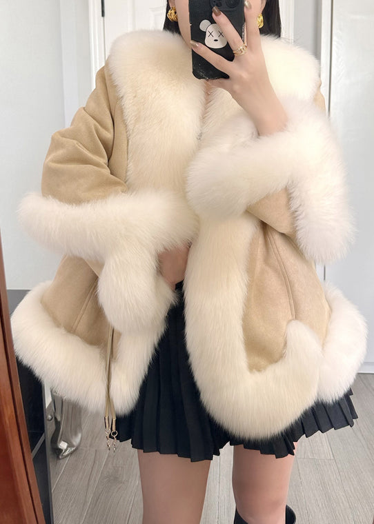 Khakifarbener Patchwork-Parka mit Schnürung und Fuchskragen, Winter, RC005