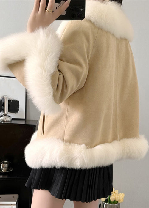 Khakifarbener Patchwork-Parka mit Schnürung und Fuchskragen, Winter, RC005