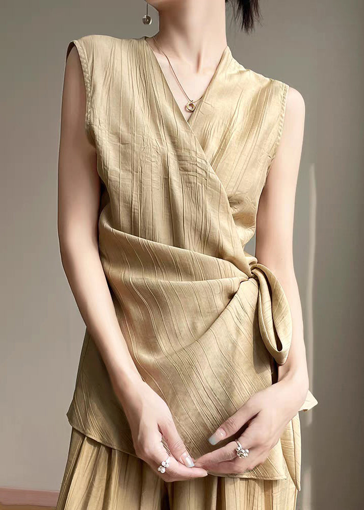 Neck Khaki Up Sleeveless Lace Solid V Cotton Shirts